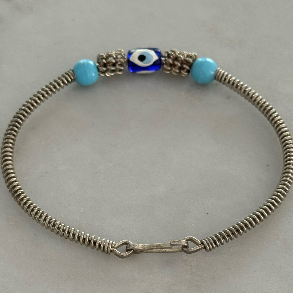 Vintage Silver Coil Bracelet with Blue Evil Eye & Turquoise Beads - Picture 6 of 7